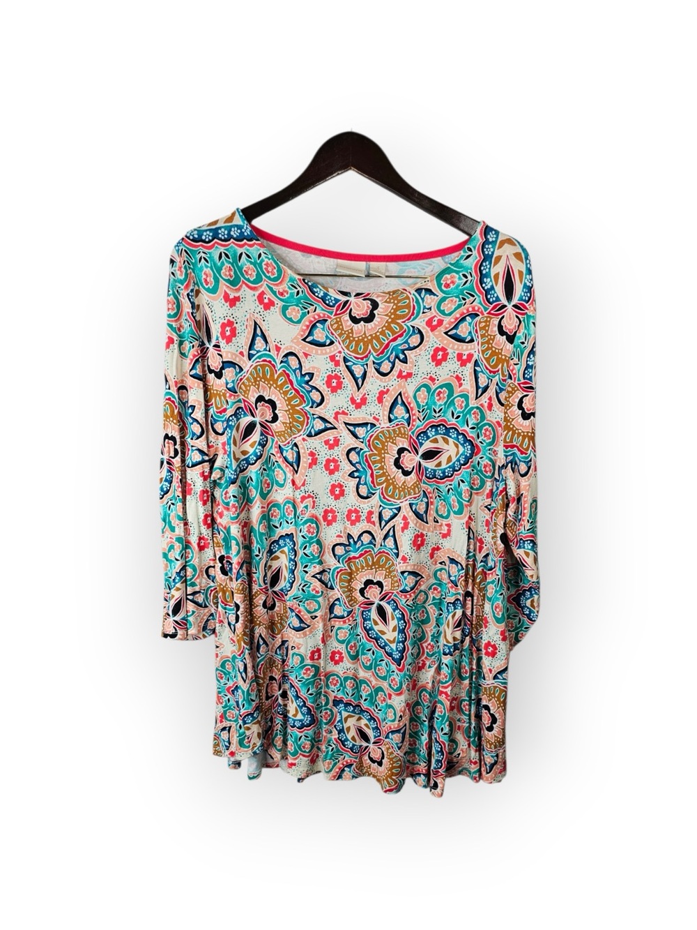 Chico's Pink Teal Paisley Floral 3/4 Sleeve Knit Tunic Top Size 3 XL - Picture 2 of 5